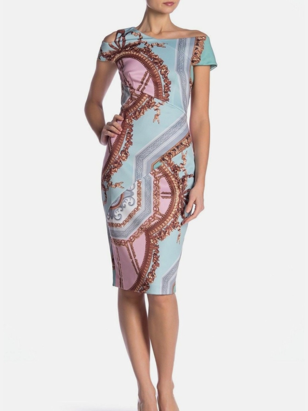 Ted Baker One-Shoulder Scarf-Print Sheath Dress in Pastel Blue and Pink
